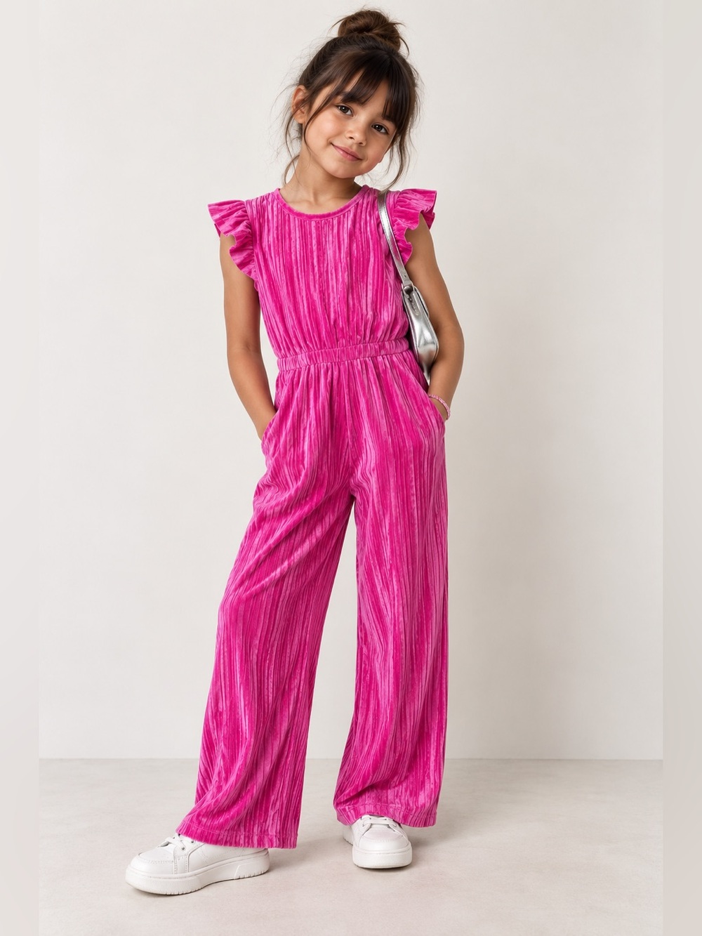 Girls' Bright Pink Velvet Jumpsuit with Flutter Sleeves ~ Size 6